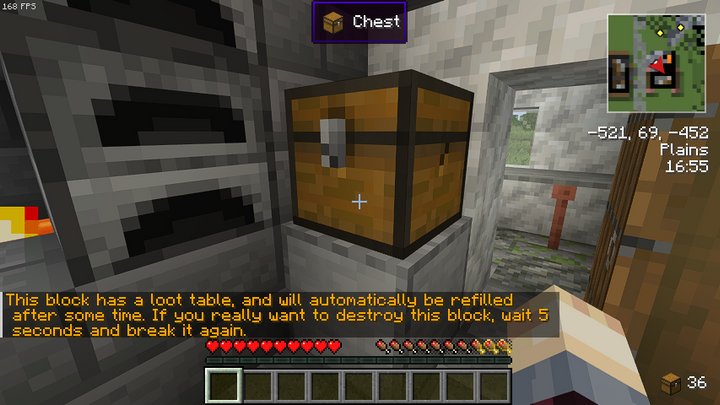 A naturally-generated treasure chest with a loot table, with a chat message explaining treasure regeneration