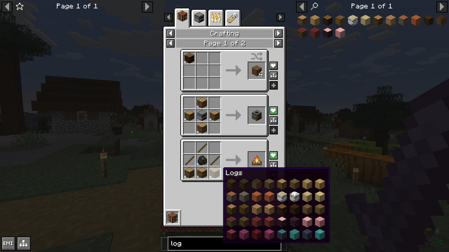 EMI open, searching for logs and showing some recipes, including how campfires can be made with any log