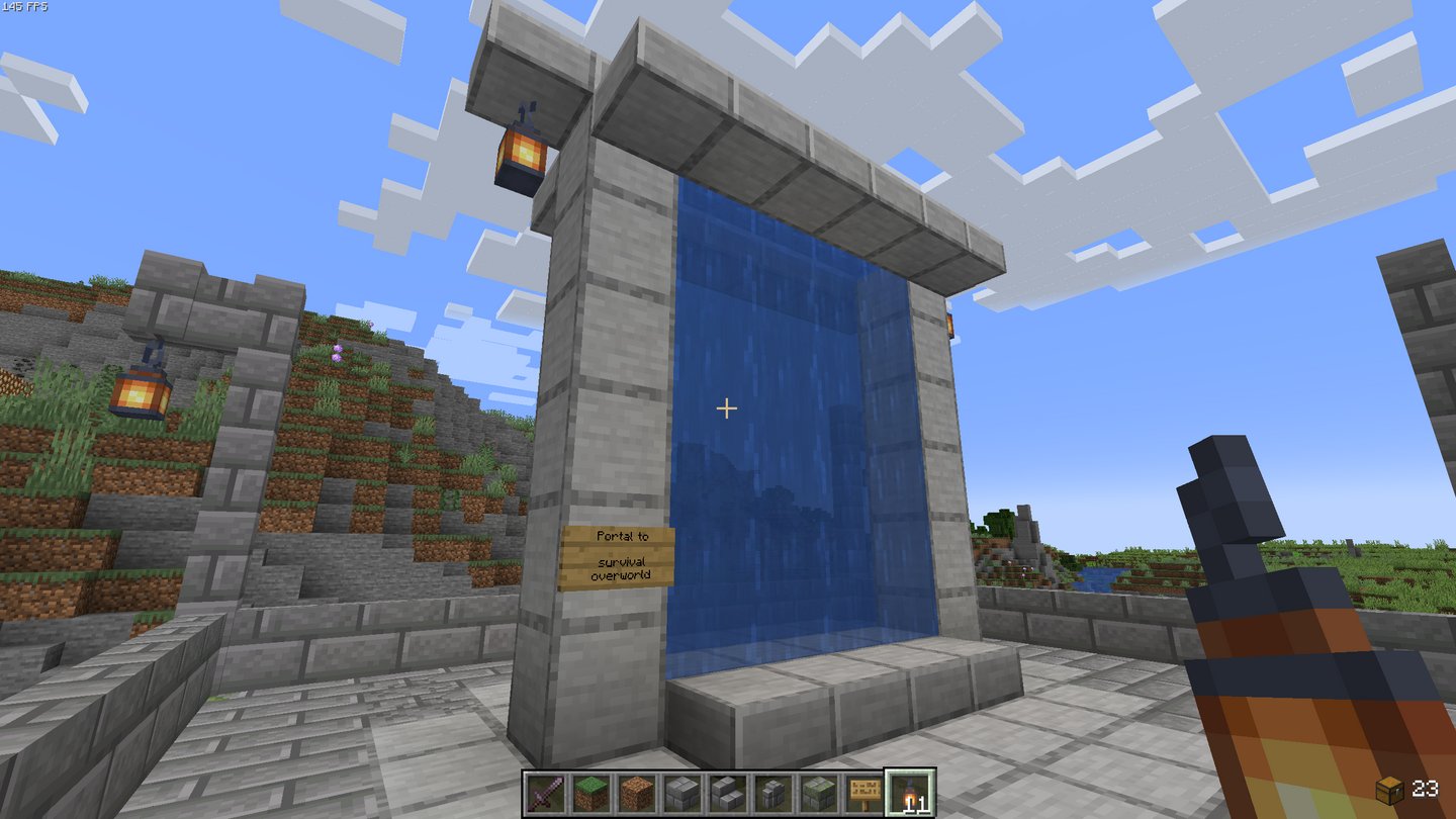 The portal back to the survival overworld, found at the Creative Zone spawn area (280, 410)