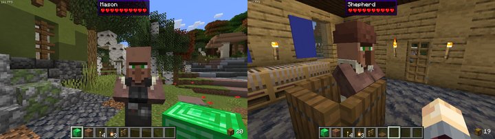 A villager following a player with an emerald block, and a villager that has been lobotomised due to being boxed into a 1x1 space