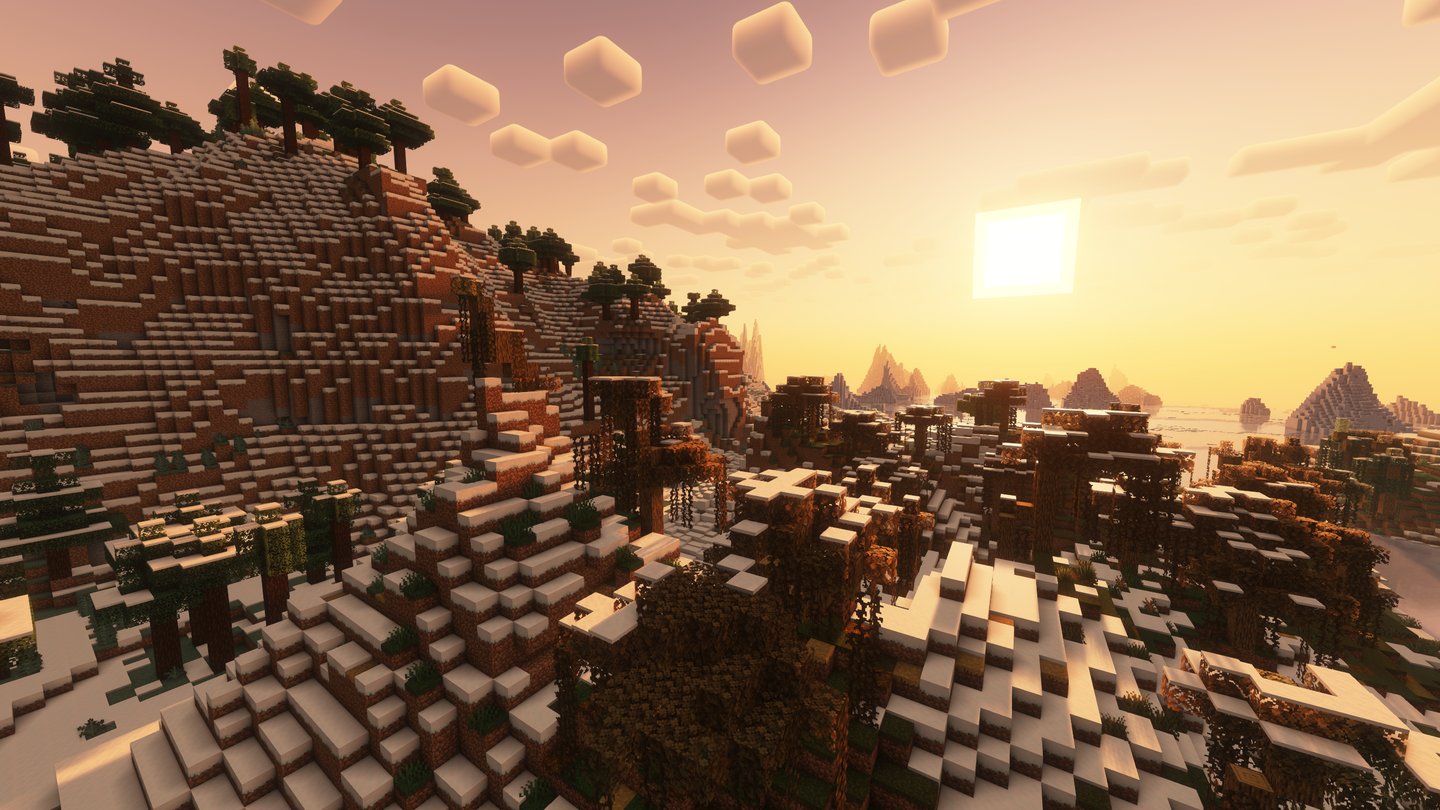 Ice marsh and snowy forest biomes at sunset