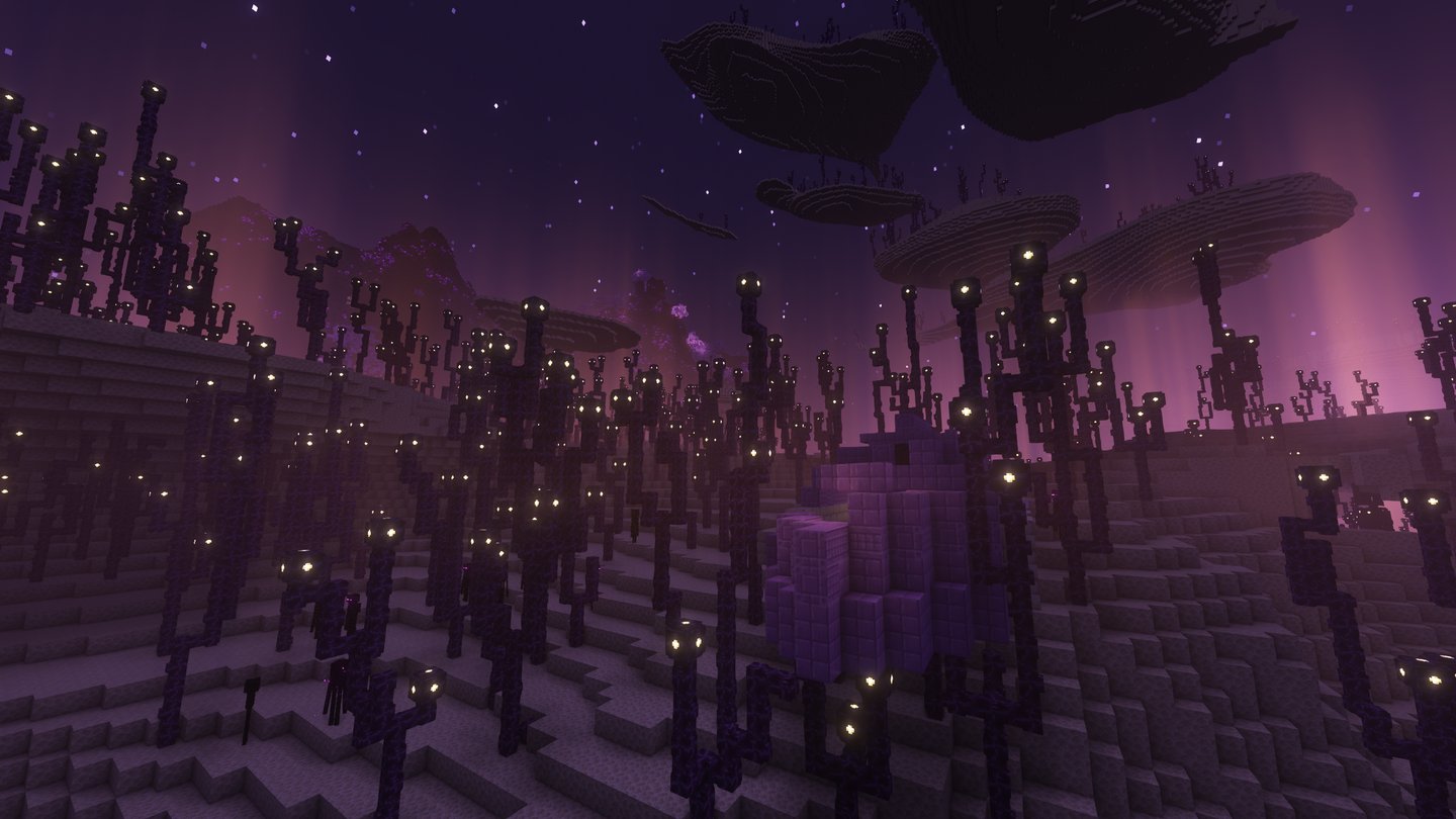 A view of Nullscape's modified, more layered End, with a void barrens biome in the distance