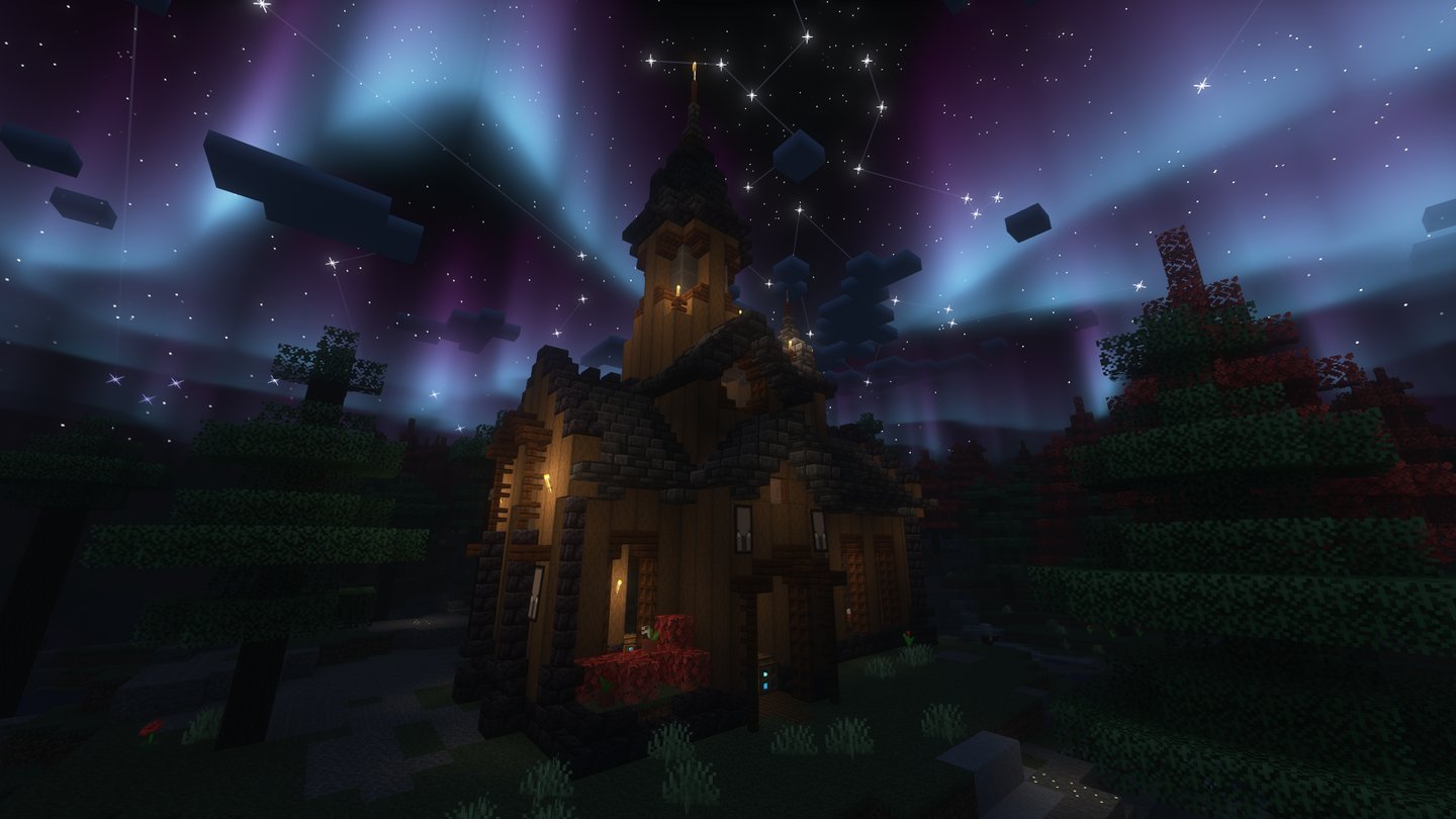 A “Swedish” pillager outpost in a forested highlands biome, at night